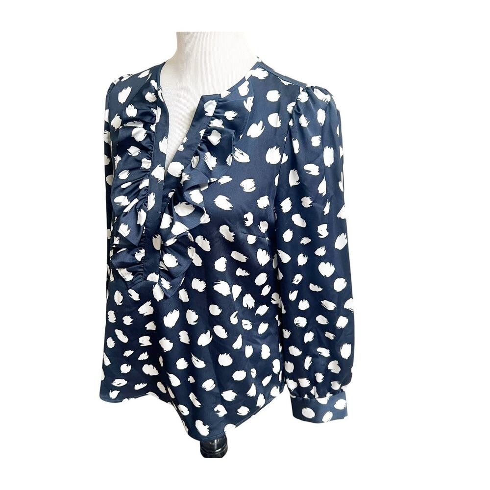 J. Crew Brushstroke Ruffled Satin Long Sleeve Size Small Navy White Preppy - Picture 4 of 11